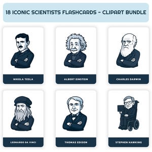Paquete de tarjetas didácticas y clipart de científicos famosos: recurso STEM para educación en casa (descarga digital)