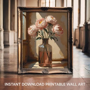 Blush Pink Peony Vase Art Print: Vintage Botanical Poster (Digital Download