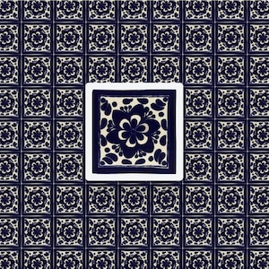 Handmade Mexican Talavera Tile – Navy Blue Floral Pattern, Ceramic Wall Tile, 4x4” Kitchen Backsplash, Bathroom Accent, Crafts & DIY