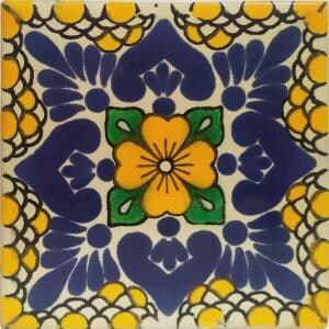 Handmade Mexican Guanajuato Ceramic Tile – 10x10 cm – Blue & Yellow Floral – 90 Tiles
