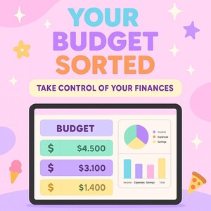 May include: A pink and yellow graphic with the text "YOUR BUDGET SORTED" and "TAKE CONTROL OF YOUR FINANCES". A computer screen shows a budget breakdown with the text "BUDGET" and dollar amounts for income, expenses, and savings. The screen also shows a pie chart and bar graph.