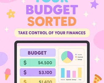 May include: A pink and yellow graphic with the text "YOUR BUDGET SORTED" and "TAKE CONTROL OF YOUR FINANCES". A computer screen shows a budget breakdown with the text "BUDGET" and dollar amounts for income, expenses, and savings. The screen also shows a pie chart and bar graph.