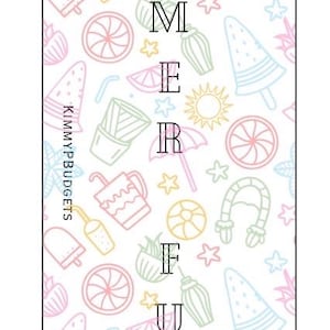May include: A vertical rectangular card featuring a repeating pattern of pastel-colored summer icons including suns, umbrellas, popsicles, and citrus slices. The text "SUMMER FUNDS" is printed vertically in the center, with "KIMMYPBUDGETS" on the left.