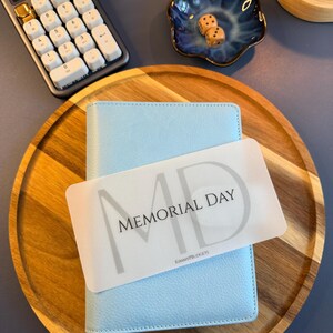 May include: A light blue textured binder featuring a translucent white card overlay with the text MEMORIAL DAY and KIMMYPBUDGETS printed in black. The binder is placed on a round wooden tray alongside a calculator, a blue bowl, and two dice.