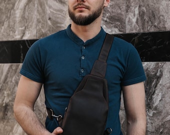 Sling Chest Bag Men, Brown Leather Shoulder Bag, Small Crossbody Bag, Leather Bum Bag, Flap Bag, Leather Banana Bag, Custom Gift For Him