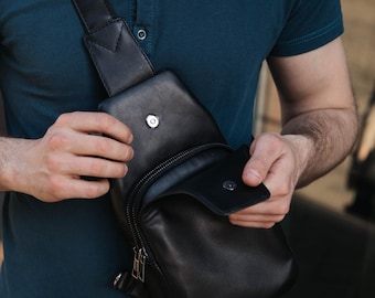 Black Sling Bag Men, Small Crossbody Bag, Flap Bag, Leather Shoulder Bag, Leather Bum Bag, Leather Banana Bag, Custom Gift For Him