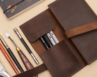 Handmade Leather Pencil Zipper Pouch, Leather Pencil Roll, Artist Pencil Travel Case, Architects & Writers Gift