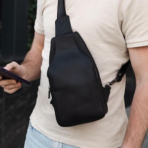 Men&#39;s Leather Sling Bag, Chest Bag, Handmade Crossbody Bag for Men, Birthday Gift for Him, Genuine Leather Bag, Anniversary Gift for Men