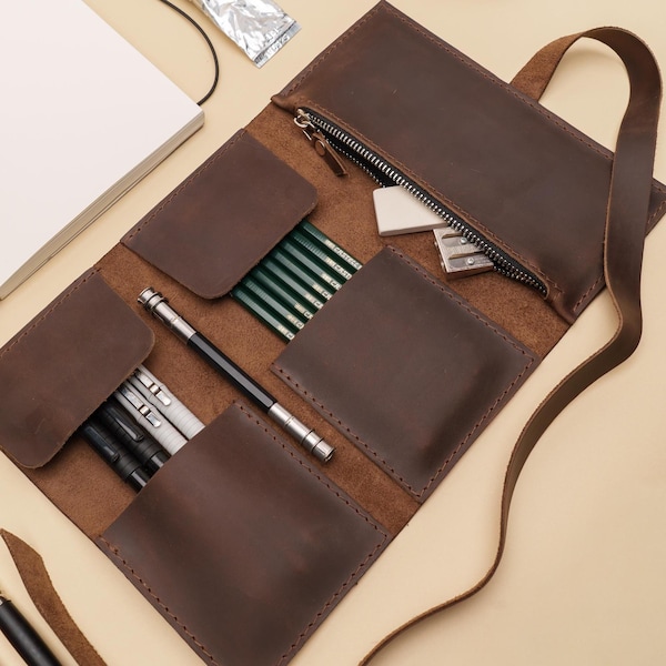 Genuine Leather Pencil Case with Zipper, Handmade Artist Roll, Gift for Him or Her