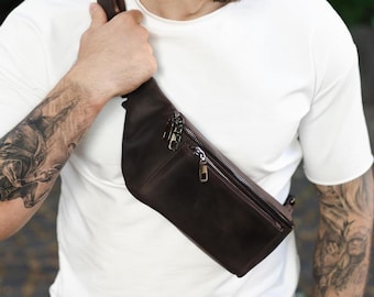 Brown Leather Fanny Pack, Chest Sling Bag for Men, Black Crossbody, Shoulder Belt Satchel, Compact Banana Bag, Gift for Him