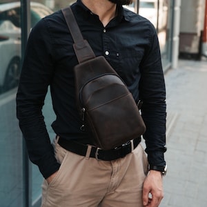 Chocolate Brown Сrossbody Bag, Personalized Leather Sling Chest Bag Men, Shoulder Flap Bag, Crossbody Purse, Custom Gift For Him, Husband