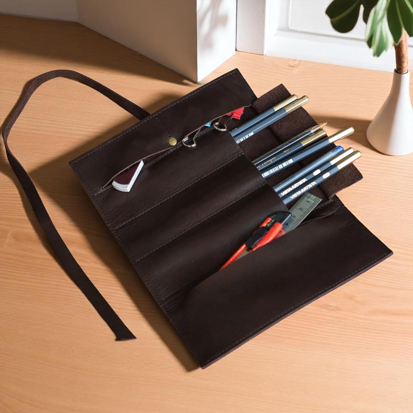Leather Pencil Roll Up Case, Artist Tool Organizer, Handmade Pen Pouch, Drawing Supplies Holder, Gift for Architect or Student