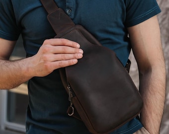 Sling Bag Men, Leather Shoulder Bag, Small Crossbody Bag, Sling Bag, Leather Bum Bag, Flap Bag, Leather Banana Bag, Custom Gift For Him