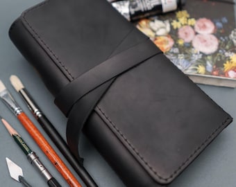 Black Leather Artist Roll, Pencil Roll Case, Leather Pencil Holder, Leather Paint Brush Holder, Pencil Pouch, Artist Tool Roll