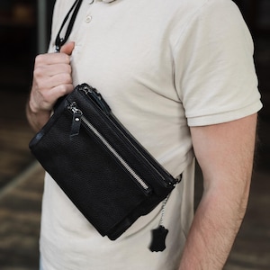 Engraved Leather Shoulder Bag for Men, Small Sling Chest Bag, Leather Crossbody, Compact Handbag, Cross Body Satchel, Gift for Him