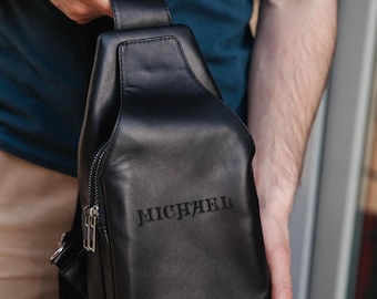 Custom Black Sling Bag Men, Leather Shoulder Bag, Small Crossbody Bag, Personalized Leather Bum Bag, Flap Bag, Banana Bag, Gift For Him