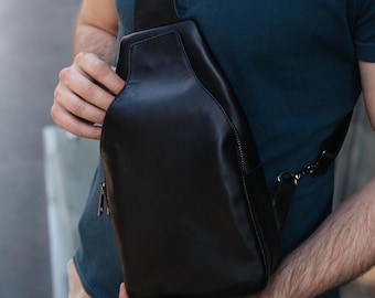 Black Sling Bag Men, Custom Leather Shoulder Bag, Small Crossbody Bag, Personalized Leather Bum Bag, Flap Bag, Banana Bag, Gift For Him