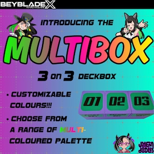 May include: Promotional image for the Beyblade X Multibox. The image features the text "INTRODUCING THE MULTIBOX" in large, colourful letters. It also highlights "3 on 3 DECKBOX" and "CUSTOMIZABLE COLOURS!!!". Three numbered blocks are visible.