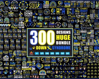 May include: A digital design bundle with 300 designs related to Down Syndrome awareness. The designs include text and graphics in blue and yellow, with phrases like "World Down Syndrome Day" and "Be Kind". Formats include AI, EPS, PNG, SVG, JPG, PDF, and DXF.