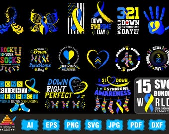 May include: A collection of 15 SVG designs with themes related to Down Syndrome Awareness. Designs include ribbons, socks, hearts, and text such as "World Down Syndrome Day" and "Be Kind". The color scheme is blue and yellow.