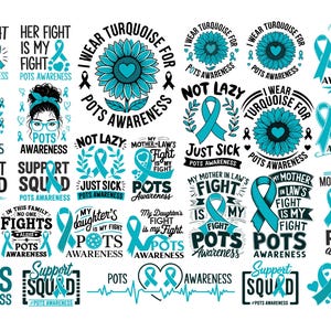 Può includere: Una collezione di 20 disegni di nastri blu turchese con testo relativo alla consapevolezza del POTS. Il testo include frasi come "La sua lotta è la mia lotta", "Squadra di supporto", "La lotta della mia figlia è la mia lotta", "Indossare il turchese per la consapevolezza del POTS", "Non sono pigro, sono solo malato", e "In questa famiglia nessuno combatte da solo".