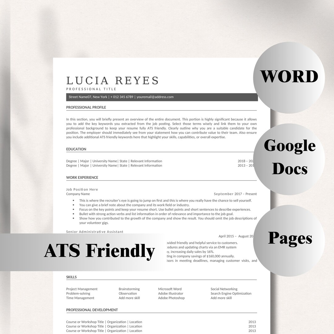 ATS Friendly Resume Template for Google Docs, Word and Pages Resume ...