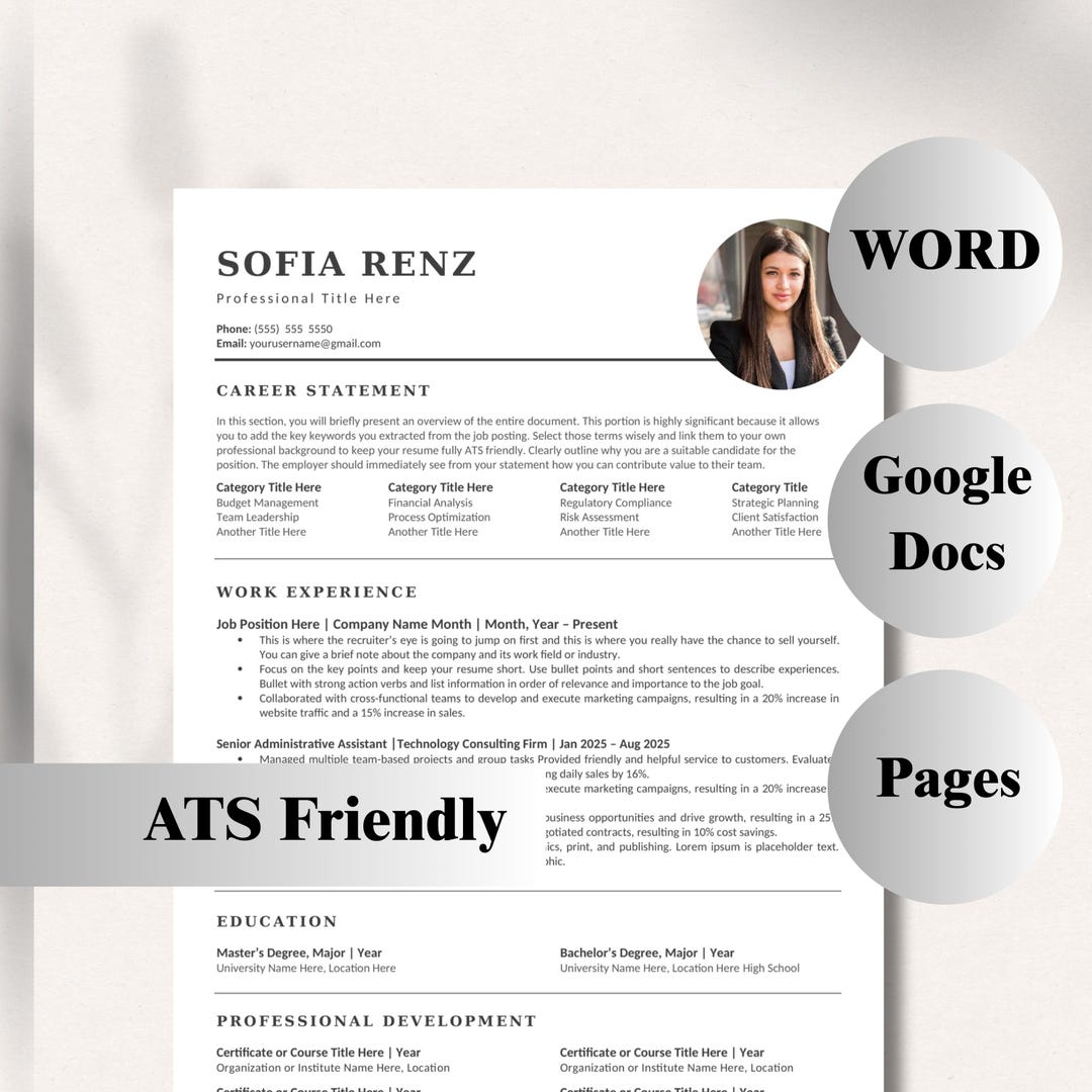 ATS Resume Template With Photo: Minimalist CV & Cover Letter (word ...