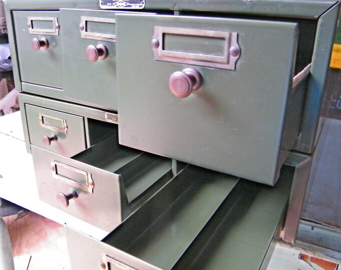 Metal Card File Two Stacking Units Army Green Industrial Chic Etsy