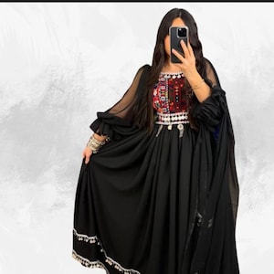Elegant Traditional Black Embroidered Dress with Sheer Sleeves