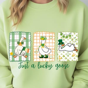 May include: Pale green sweatshirt featuring a St. Patrick's Day design. It displays three cartoon geese in decorative frames with green and orange details. The phrase "Just a lucky goose" is written in green script below.