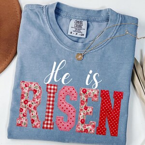 He is Risen Patchwork Font PNG - Christian Easter Tee Sublimation Design -  Religious PNG for T-Shirts - Vintage Easter Digital Download