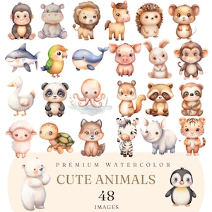 Watercolor Animals Clipart, Cute Animals PNG, Baby Animals Bundle, Safari and Woodland Animals, Kids and Nursery Clip art