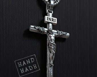 Silver Crucifix Pendant Necklace with Chain – Handmade Jesus Cross with Rope Detail, Christian Faith Jewelry, Unisex Spiritual Gift