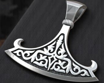 Perun Axe Pendant Necklace | Slavic Viking Mjolnir Amulet for Men | Norse Pagan Protection Jewelry with Ornate Carving | 18K Gold Plated
