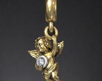 Handmade Gold Cupid Charm Pendant with Bezel-Set Diamond – Romantic Angel Jewelry, Solid Gold Love Amulet for Bracelet or Necklace