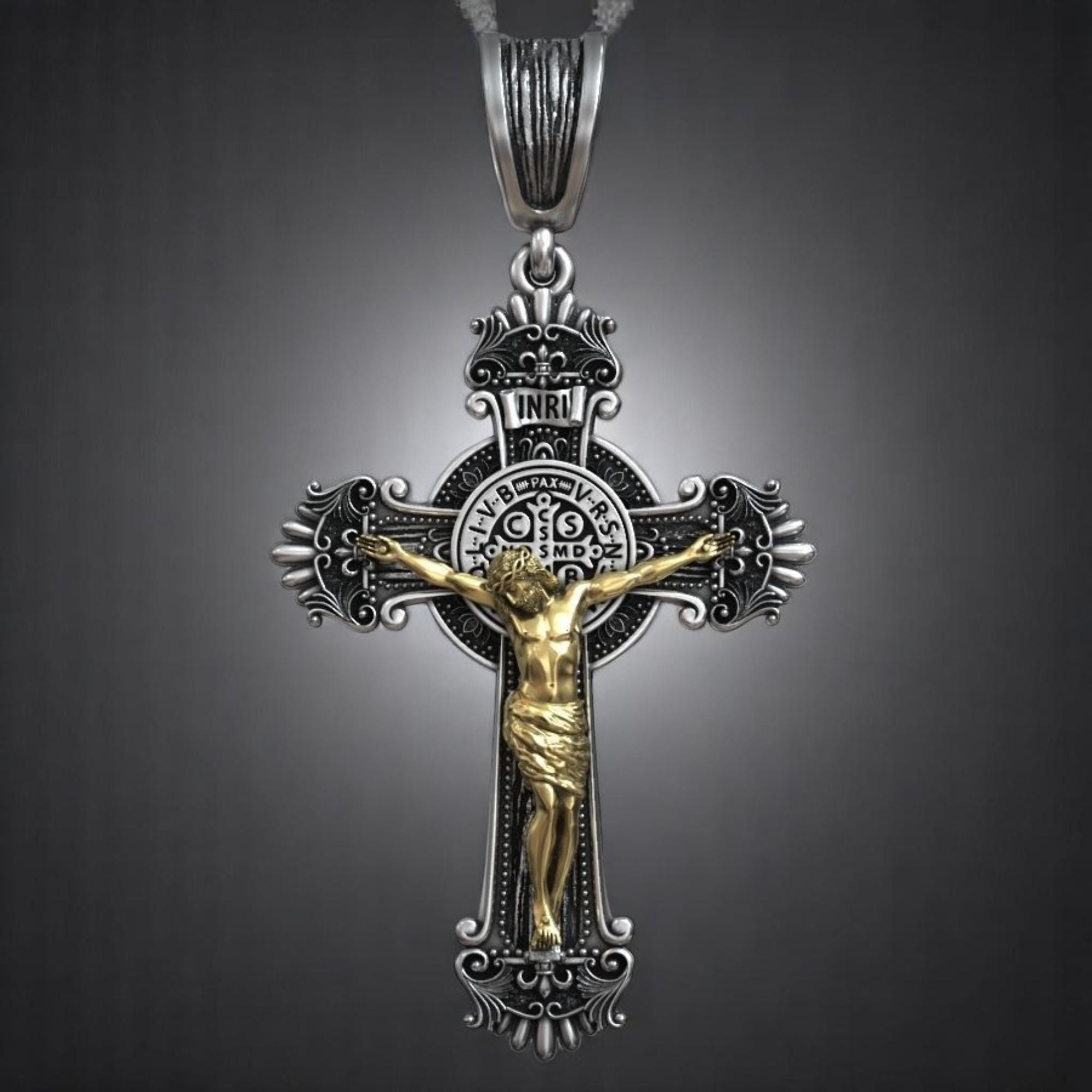 Handmade Saint Benedict Medal Cross Pendant in Sterling Silver – Catholic Crucifix Necklace of Protection, Blessing, and Spiritual Power