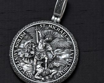 Silver St. Michael Pendant Necklace with Chain – Patron Saint of Law Enforcement, Handmade Protection Medal, Christian Unisex Gift