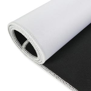 May include: Rolled-up white mousepad with a black, textured underside. The edge is finished with white stitching. The mousepad is designed for computer use.
