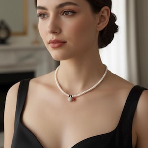 Natural Pearl Choker Necklace, Red Coral Charm, Gold Plated