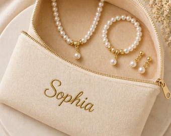 Set de regalo personalizado para damas de honor, regalo para el Día de la Madre, bolsa con nombre personalizado y conjunto de joyas de perlas, caja de regalo de boda