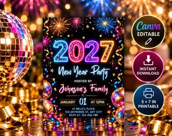 New Year Party Invitation 2027, Neon New Years Eve Party Invitation, Neon Fireworks Holiday Invite, Editable Canva Template