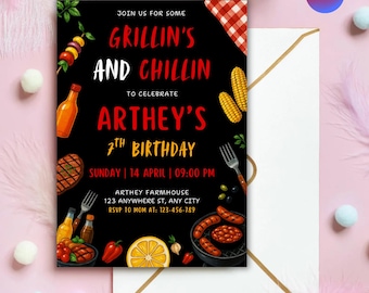 BBQ Birthday Party Invitation, Grillin' and Chillin', Canva Editable (Digital Download)