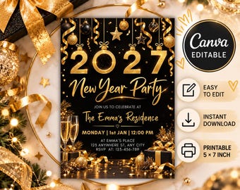 New Year’s Eve Party Invitation 2027, New Year Party Evite 2027, Luxury 2027 Celebration Invite, Editable Digital Template