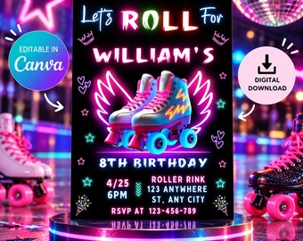 Roller Skating Birthday Invitation, Roller Skating, Neon Skate Party Invitation, Glow Roller Skating Party, Editable Template