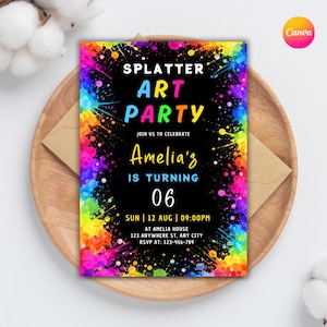 Può includere: Un invito colorato per una festa a tema arte. Presenta il testo "SPLATTER ART PARTY" e i dettagli del sesto compleanno di Amelia. Il design include vivaci schizzi di vernice multicolore.