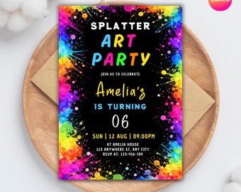 Editable Splatter Art Party Invitation, Colorful Birthday Invite (Canva Printable)