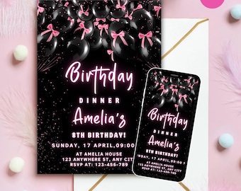 Pink Bow Birthday Dinner Invitation, Black Balloons (Editable Template)