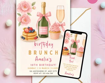 Convite editável para brunch de aniversário, champanhe rosé, modelo Canva (download digital)