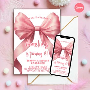 Pink Bow Theme Birthday Invite, Coquette Birthday Invite, Pink Bow Birthday Invite, Girl Birthday Invite, Editable Canva Template