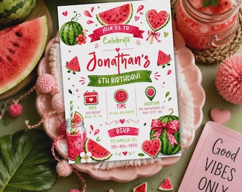 Watermelon Birthday Invitation, Pink Watermelon Party Invite, Sweet One Party Template, Instant Download Canva